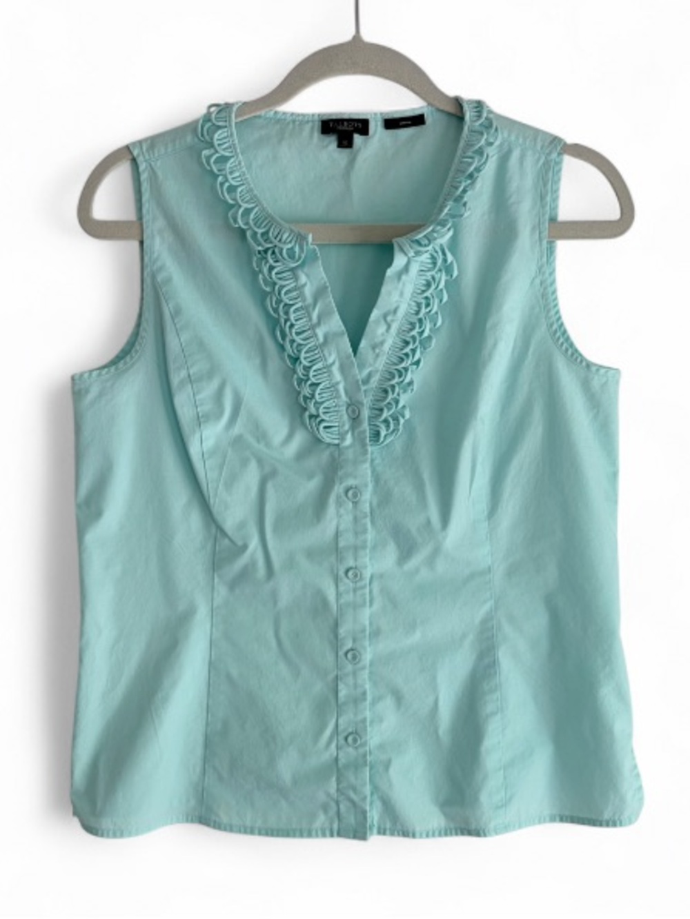 Talbots Mint Green Cotton Ruffle Neck Button Down Sleeveless Blouse Size 10